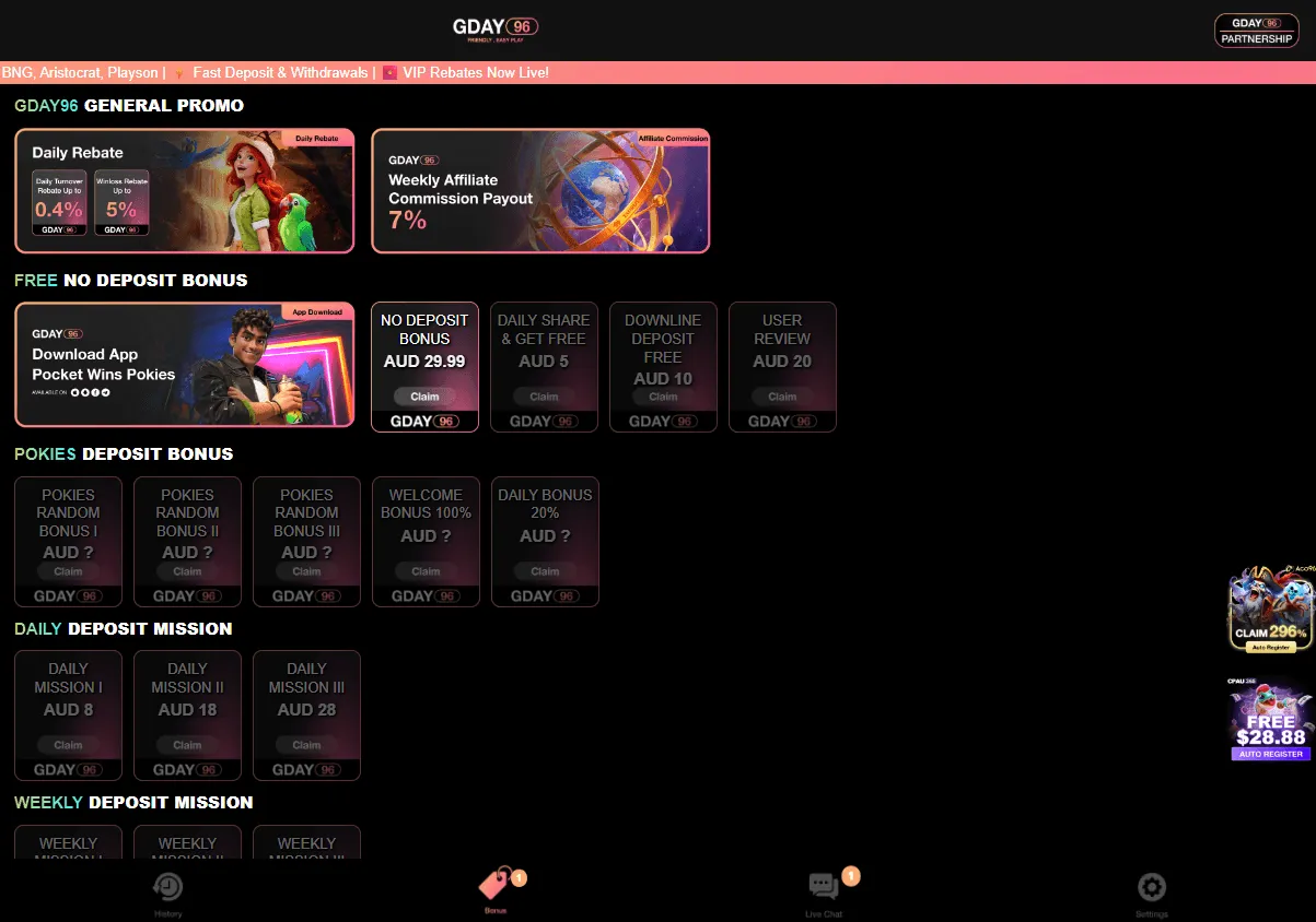 Gday96 Casino desktop promotions screen showing the welcome and no-deposit offers