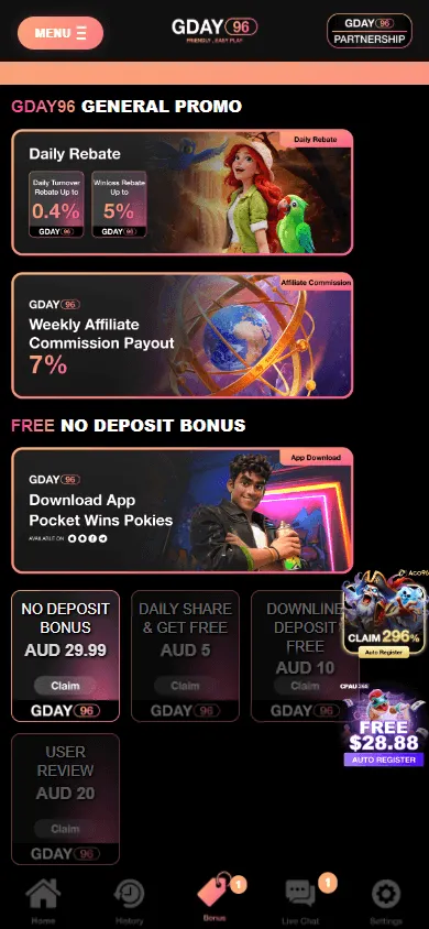 Gday96 Casino mobile promotions screen with the available player offers