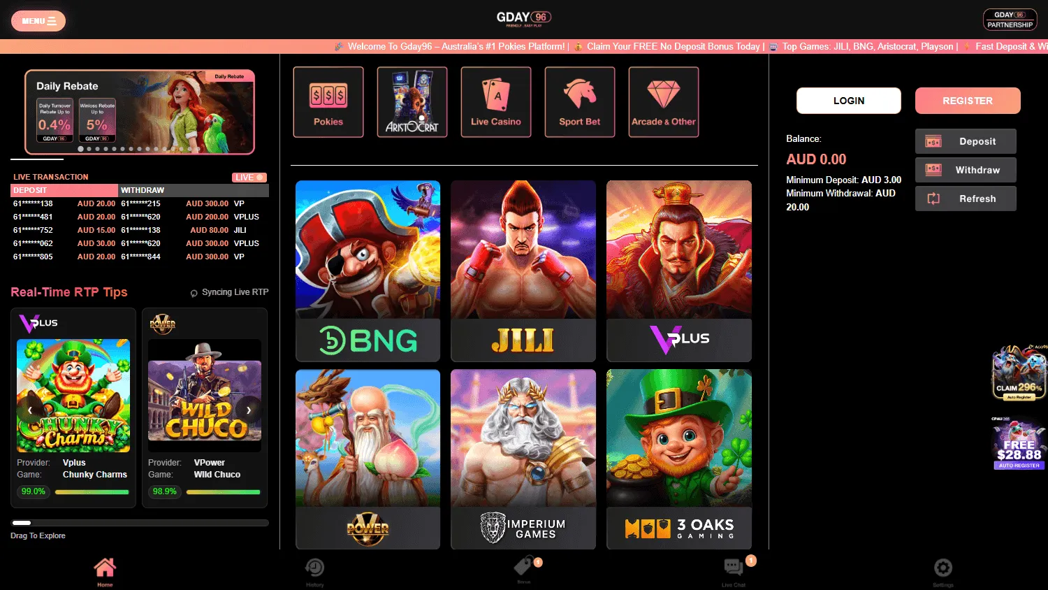 Gday96 Casino desktop home screen with casino access and Australian-focused account options