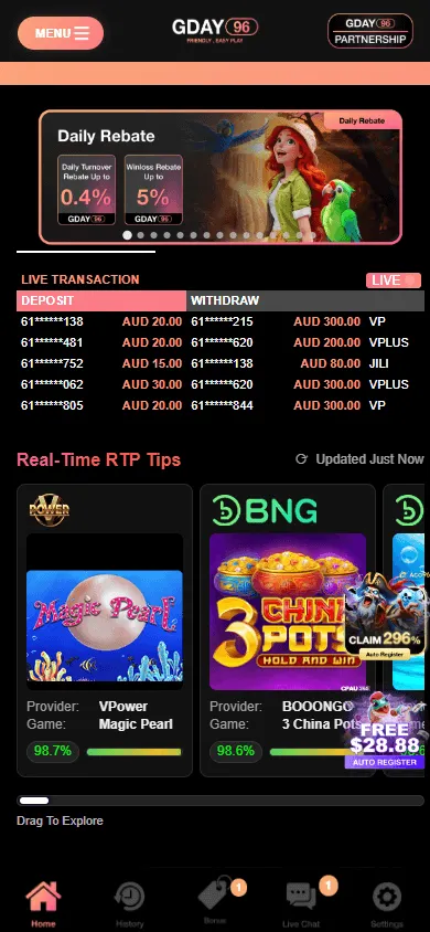 Gday96 Casino mobile home screen for phone access to casino entertainment and account tools